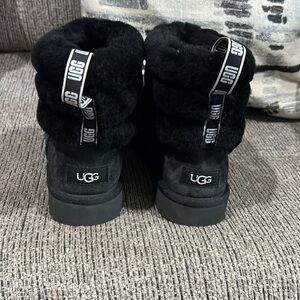 UGG Mini Fluff Quilted Cuff Black Suede Sheepskin Ankle Boots